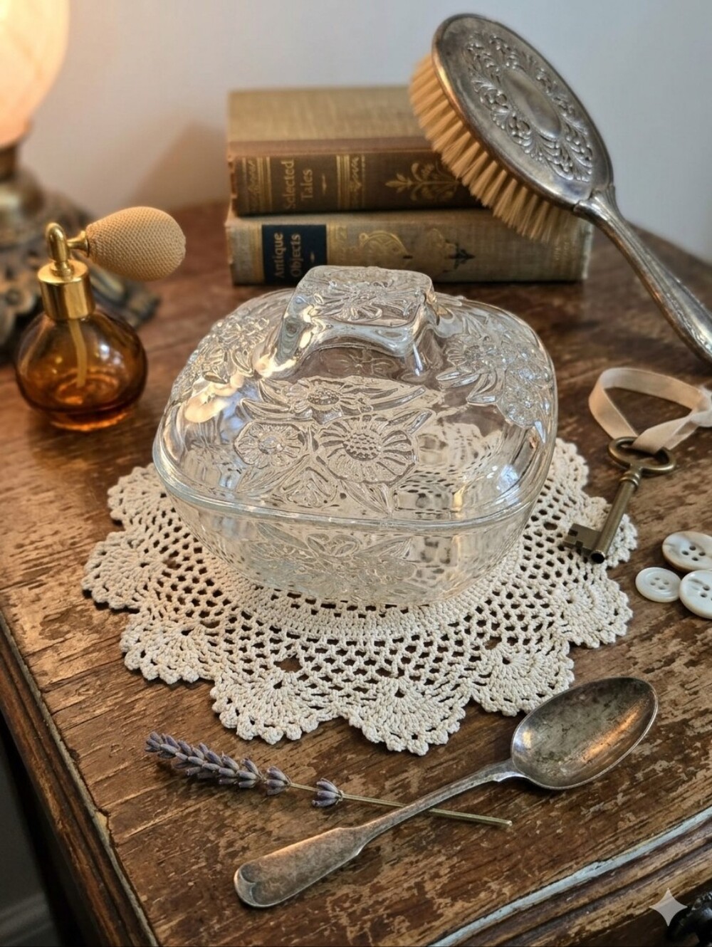 ​Vintage KIG Indonesia Clear Pressed Glass Floral Lidded Candy Dish Trinket Box
